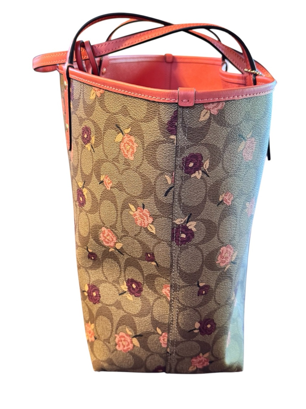 Coach Brown Signature Floral Tote with Pink Trim - Picture 4 of 15